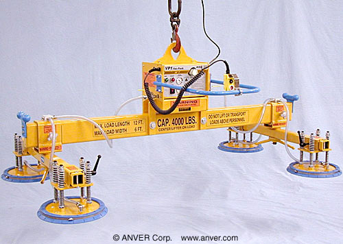 ANVER E400M4-86-2/44 four pad electric powered vacuum lifter: lifting aluminum and brass sheets 12 ft x 6 ft (3.7 m x 1.8 m) up to 4000 lb (1814 kg)