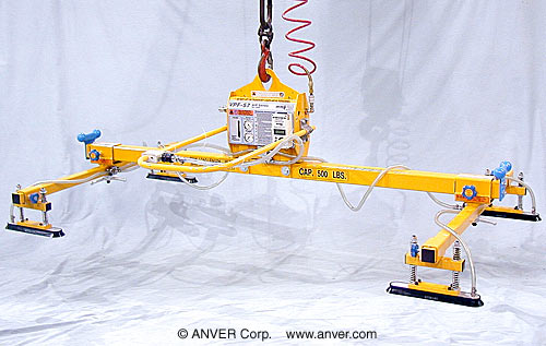 ANVER VPF-57/20-AIR + 76500212 air powered vacuum generator with four pad lifting frame with oval pads for lifting & handling insulated glass 10 ft x 7 ft (3.0 m x 2.1 m) up to 500 lb (227 kg)