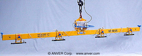 ANVER VPF-57HD-AC + L100M4-190-SP electric powered vacuum generator with custom four pad lifting frame for lifting & handling steel sheet 20 ft x 4 ft (6.0 m x 1.2 m) weighing up to 1000 lb (454 kg)
