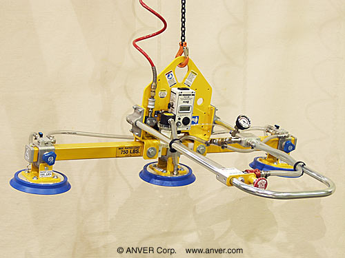 ANVER VPFL4-AIR-T + PA90-3-48-3 air powered vacuum generator with three pad lifting frame for lifting & handling steel plate 3 ft x 3.5 ft (0.9 m x 1.1 m) up to 200 lbs (91 kg)