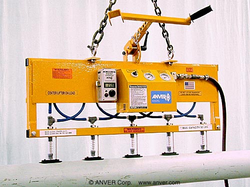 ANVER five pad powered vacuum lifter with custom frame for glass tubes 120 mm diameter x 1.6 m long up to 50 lb (23 kg)