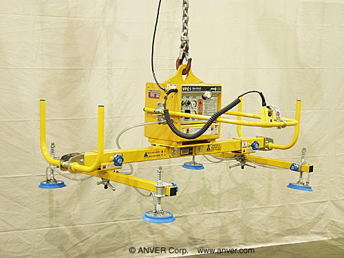 ANVER VPE1-FD + L50M4-61-2/44 electric powered vacuum generator with four pad lifting frame for lifting & handling metal roof panels 8 ft x 7 ft (2.4 m x 2.1 m) up to 500 lb (227 kg)