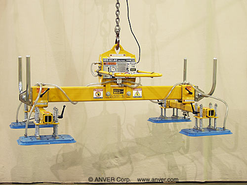 ANVER VPF-57HD-AC + L440M4-70-2/44 electric powered vacuum generator with four pad lifting frame for lifting & handling titanium sheets 12 ft x 6 ft (3.7 m x 1.8 m) up to 4400 lbs (1996 kg)