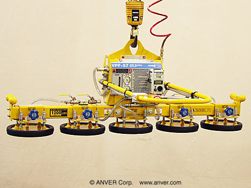 ANVER A120M5-61FP air powered vacuum generator with five pad lifting frame with foam pads inline for lifting & handling stone slabs 8 ft x 5 ft (2.4 m x 1.5 m) up to 1200 lbs (544 kg)