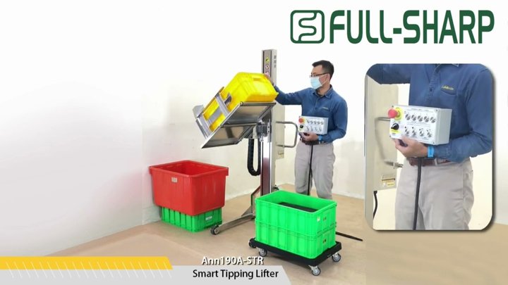 Xe nâng điện phòng sạch nâng hạ khay nhựa xoay đổ 90 độ. Thiết bị nâng hạ khay nhựa