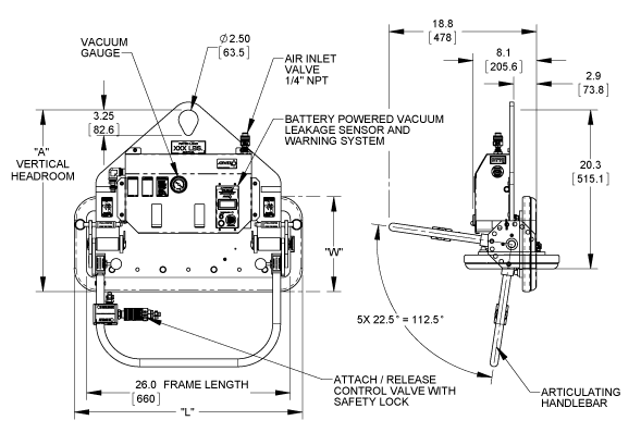 Dimension drawing of single pad GUP lifter