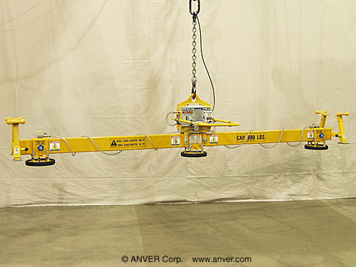 ANVER VPF-57HD-AC + L90M3-150FP electric powered vacuum generator with three foam pad lifting frame for lifting & handling metal plate 16 ft x 6 ft (4.9 m x 1.8 m) up to 900 lbs (408 kg)