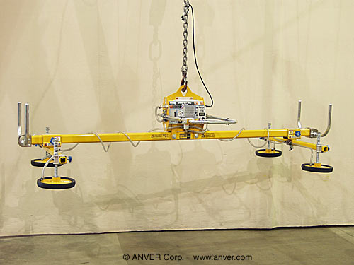 ANVER VPF-57-AC + L120M4-110-2/44FP electric powered vacuum generator with four pad lifting frame with foam pads for lifting & handling diamond tread plate 14 ft x 5 ft (4.3 m x 1.5 m) up to 1200 lb (544 kg)