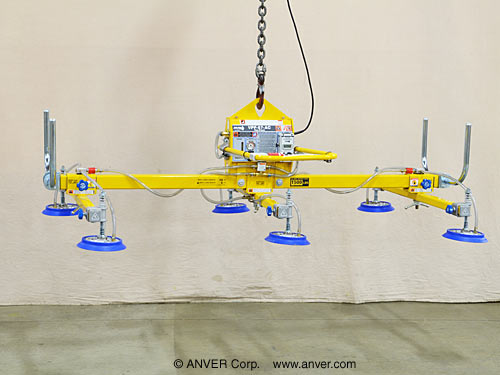 ANVER VPF-57-AC + L150M6-86-3/44 electric powered vacuum generator with six pad lifting frame: lifting & handling steel sheet 10 ft x 6 ft (3.1 m x 1.8 m) weighing up to 1500 lb (680 kg)
