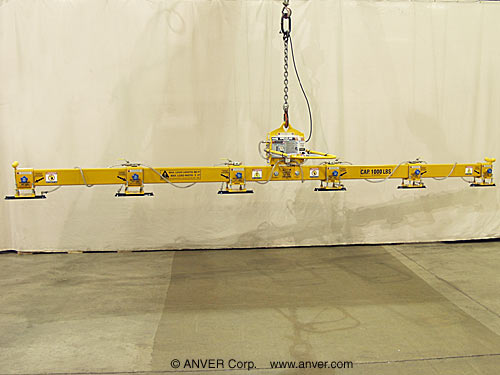 ANVER E100M6-206OCR electric powered vacuum generator with six pad inline lifting frame with oval pads for lifting & handling steel sheets 20 ft x 3 ft (6.1 m x 0.9 m) up to 1000 lb (454 kg)