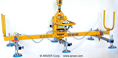 ANVER E90M6-86-3/44 six pad electric powered vacuum lifter: lifting & handling oiled steel sheet, 10 ft x 6 ft (3.0 m x 1.8 m) weighing up to 900 lb (408 kg)