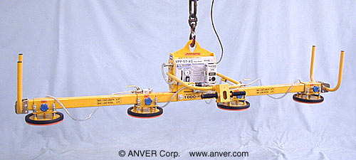 ANVER VPF-57-AC + L100M4-110-FP electric powered vacuum generator with four pad inline lifting frame with foam pads and custom pendant holster for lifting & handling refrigeration units 12 ft x 5 ft (3.6 m x 1.5 m) up to 1000 lb (454 kg)