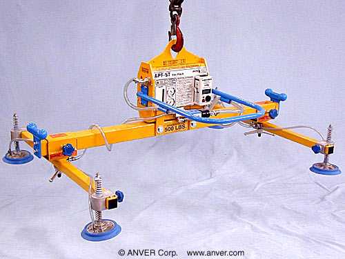 ANVER VPF-57/20-AIR + L50M4-61-2/44 air powered vacuum generator with four pad lifting frame: lifting & handling steel sheet 10 ft x 6 ft (3.0 m x 1.8 m) up to 500 lb (227 kg)