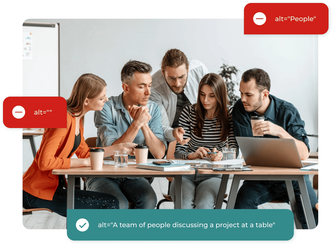 Comparison of alt-text examples, showing an empty alt as incorrect, a one-word alt as insufficient, and a detailed alt as the correct approach.