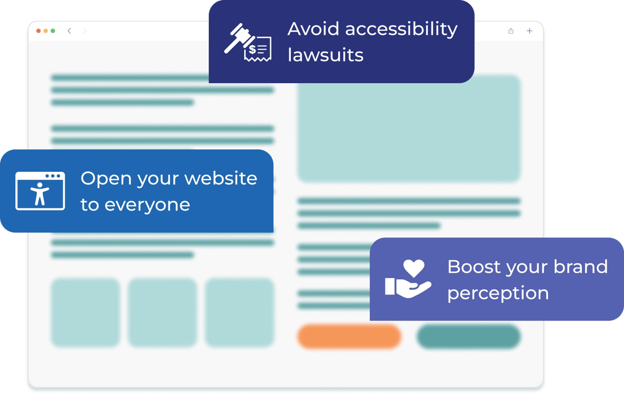 Website mockup with three highlighted points: avoid lawsuits, open to everyone, boost brand.