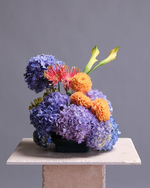 Colorful Modern Event Centerpiece with Hydrangea and Dahlias - Gallery image