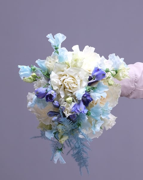 Airy Bridal Bouquet in White Powder Blue and Soft Lavender - Gallery image