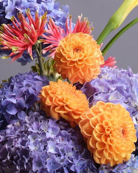 Colorful Modern Event Centerpiece with Hydrangea and Dahlias - Gallery image