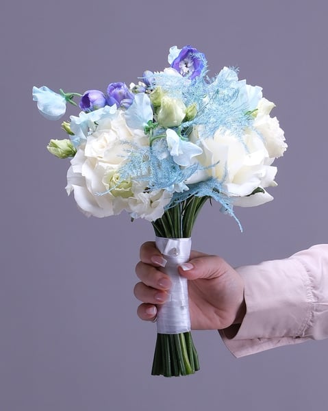 Airy Bridal Bouquet in White Powder Blue and Soft Lavender - Gallery image