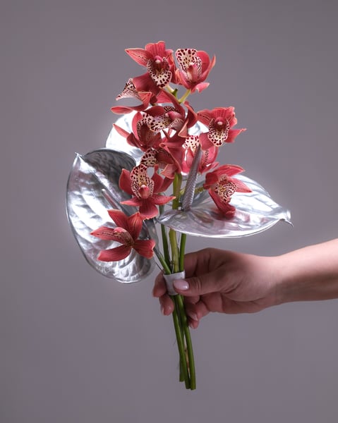 Coral Cymbidium Orchid and Silver Anthurium Bridal Bouquet - Gallery image