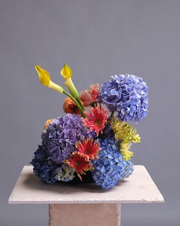 Colorful Modern Event Centerpiece with Hydrangea and Dahlias - Anniversary - Featured image