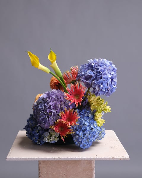 Colorful Modern Event Centerpiece with Hydrangea and Dahlias - Featured image