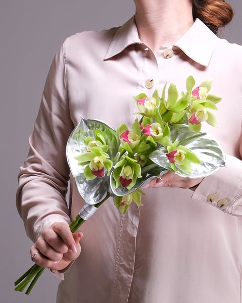 Green Cymbidium Orchid and Silver Anthurium Bridal Bouquet - Gallery image