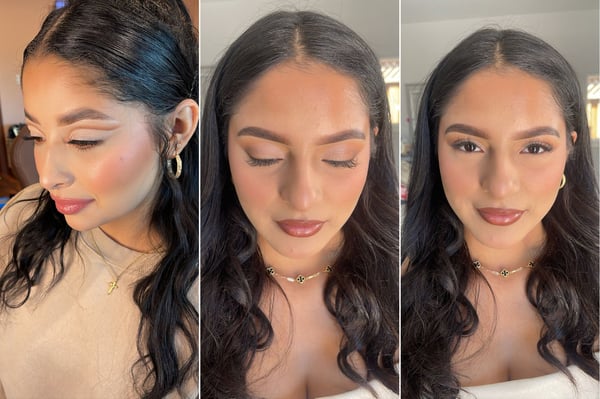 Three views of one woman with long dark waves wearing soft glam makeup with winged liner and a rosy lip, from a San Jose special event makeup listing
