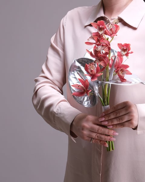 Coral Cymbidium Orchid and Silver Anthurium Bridal Bouquet - Featured image