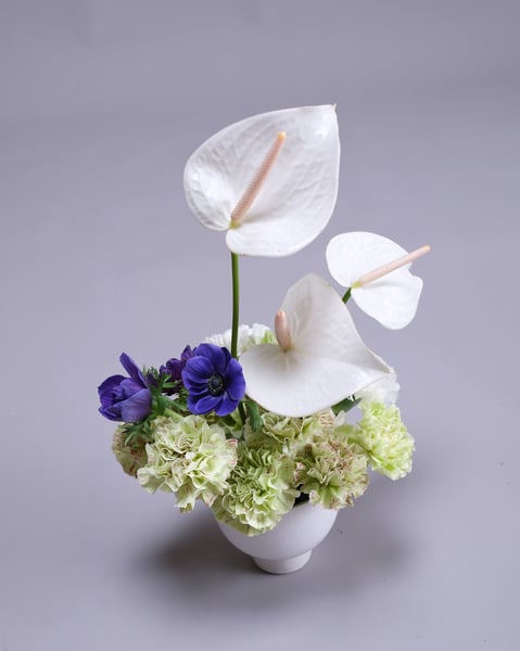 Compact White and Green Arrangement with a Blue Anemone - Featured image