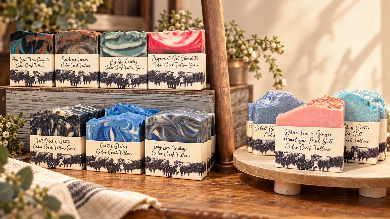 Display of Cedar Creek Tallow Soap bars arranged on rustic wooden shelves and stands.