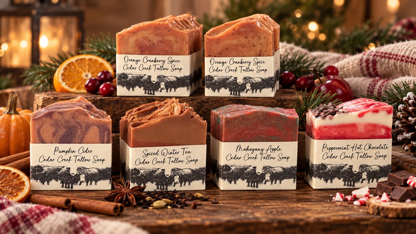Seasonal Cedar Creek Tallow Soap bars arranged in a rustic retail display.