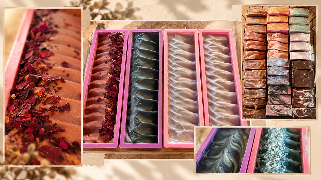 Soap in molds and cut bars, including a loaf topped with petals, colored batches, and swirled tops.