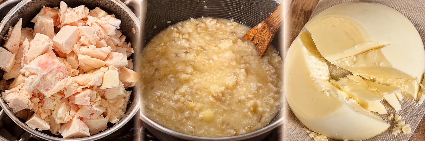 Three stages of tallow: cut fat in a pot, tallow rendering, and a finished cake of rendered tallow.