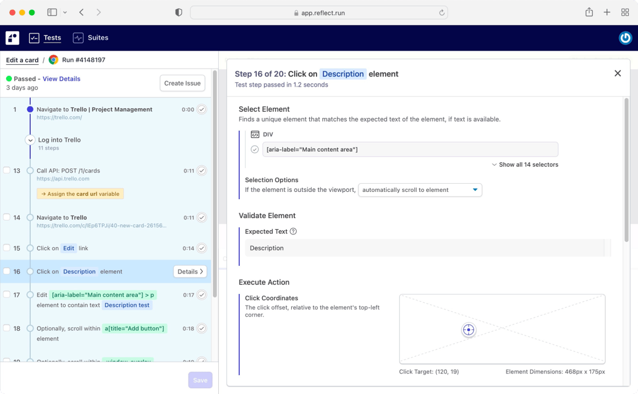 The Reflect test editor recording a web test in a cloud browser