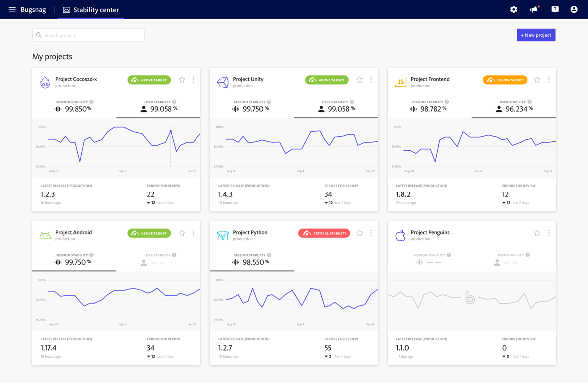 Discover real-time insights in the BugSnag Stability center