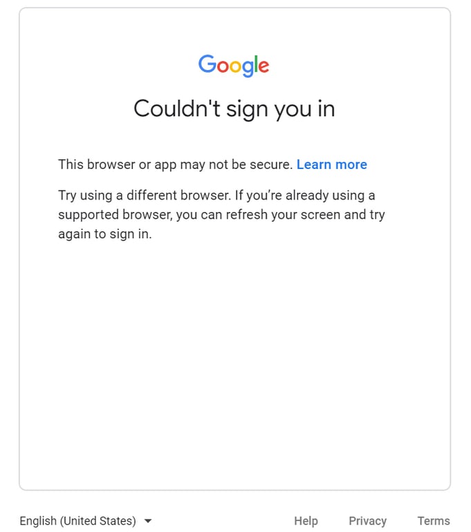 Google sign-in screen warning that this browser or app may not be secure