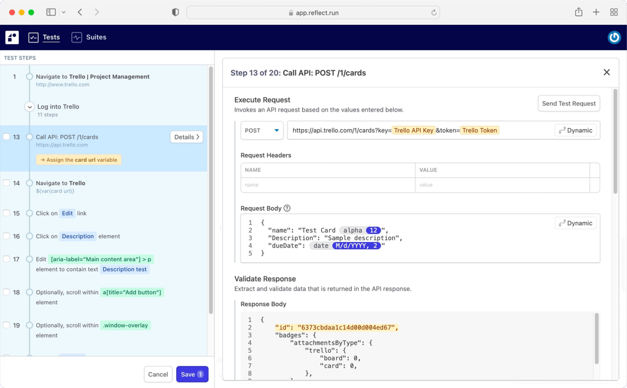 Reflect building an API request with assertions in a no-code editor