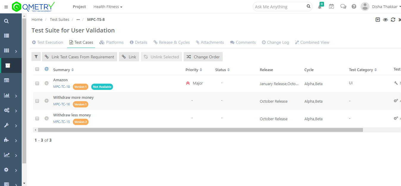 View complete details like test case summary, versions, steps, status etc.