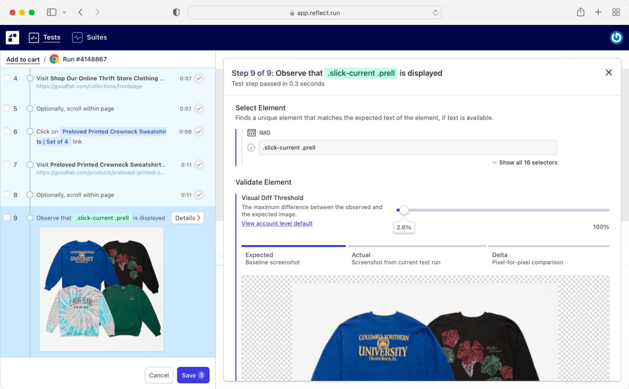 Reflect showing a visual change detected between two test runs