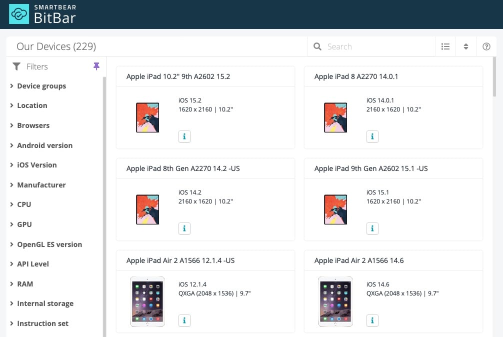 Screenshot of the BitBar's device cloud showing wide range of mobile devices and operating systems to make tests more representative of actual users.