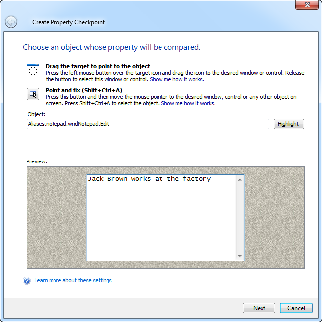 Create Property Checkpoint Dialog