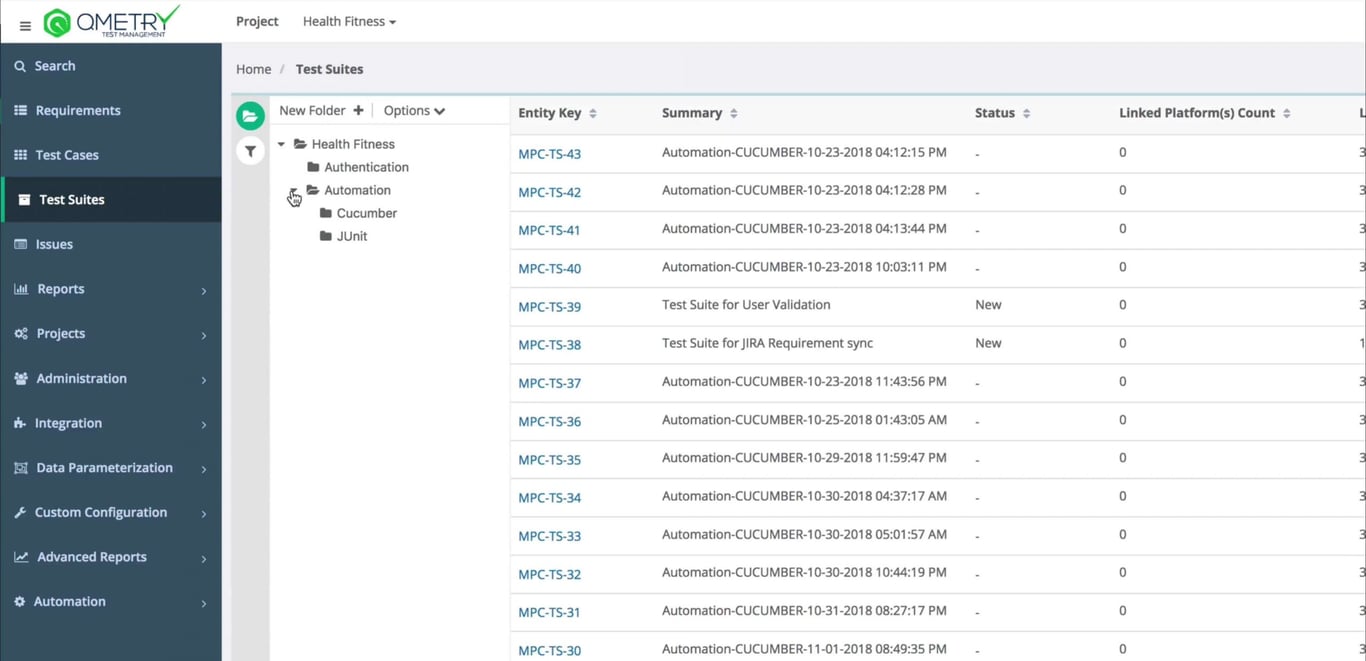 Comprehensive management of test suites with folder-based hierarchy