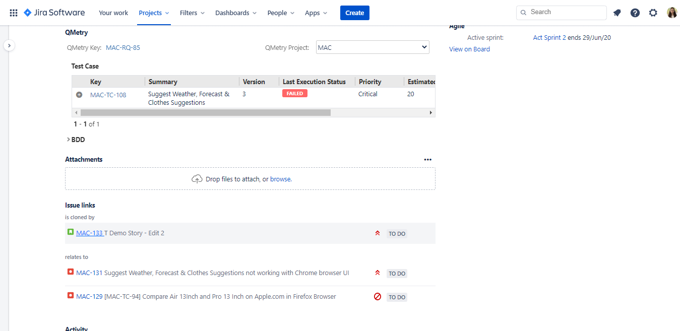 View all test case details and execution history in Jira's interface