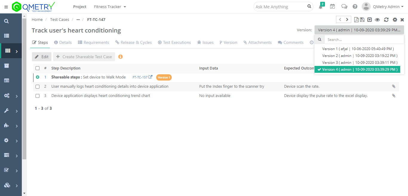 Monitor the evolution of test cases and requirements through version control