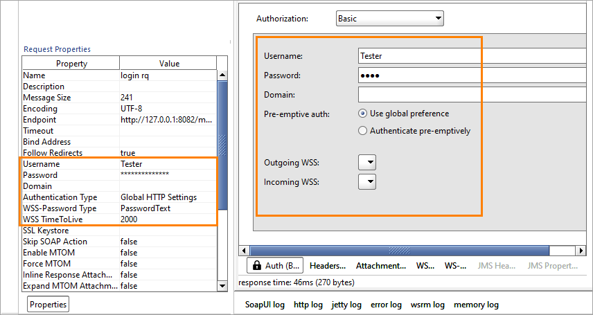 The Auth panel options and request authorization properties