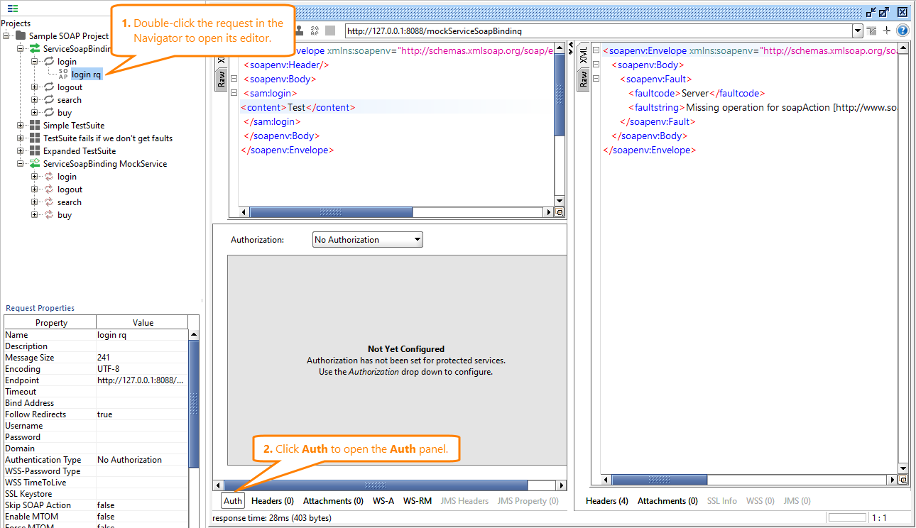 The Auth panel in SoapUI