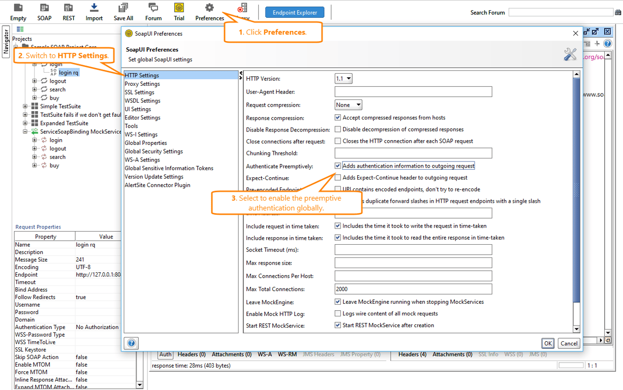 The Pre-emptive Auth option in the HTTP settings