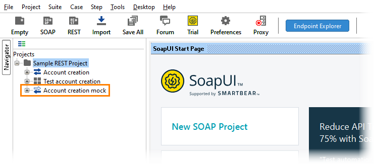 The mock service in the Navigator