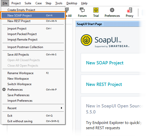 The New SOAP Project menu command